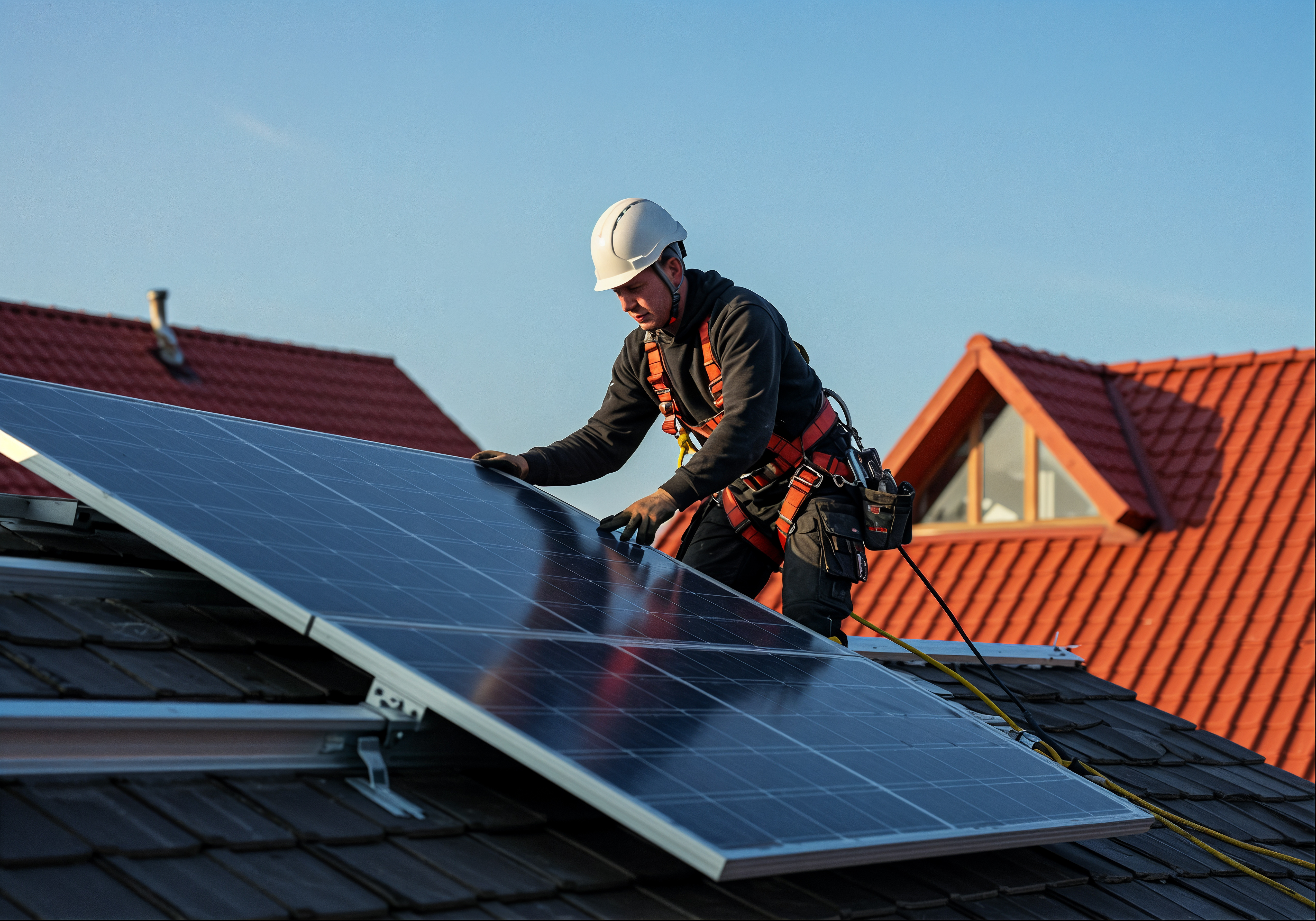 solar technician examining roof panel for health and efficacy